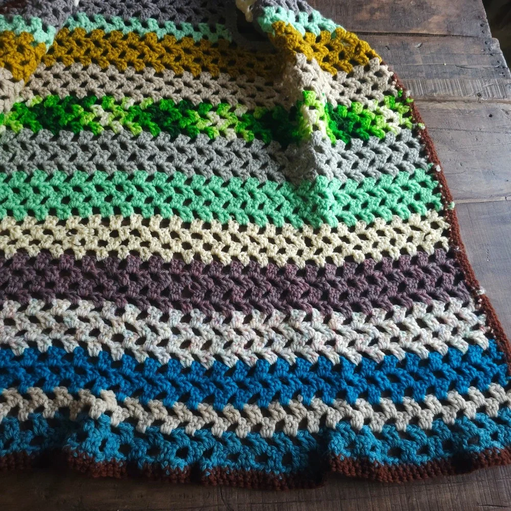 Handmade Crochet Granny Stitch Vest Multi Color Striped Boho Open Front 1970s 60
